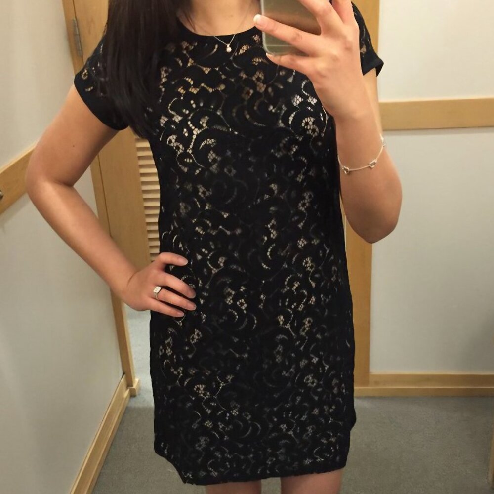 Ann Taylor Loft Dress Black Lace Sheath Slip Short Sleeves Tie Mini Size 4